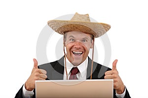 Happy computer man with thumbs up