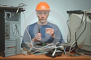 Computer repairman. Computer technician engineer. Support service.