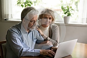 Happy confident mature family couple using app on computer