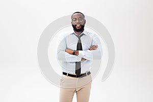 Happy confident young african american business male smiling with confidence