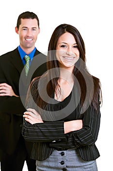 Happy confident young businesswoman with male colleague