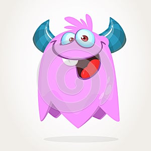 Happy cool cartoon fat flying monster. Purple and horned vector monster character.