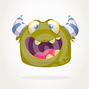 Happy cool cartoon fat monster. Green and horned vector monster character.