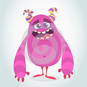 Happy cool cartoon fat monster. Purple and horned vector monster character.