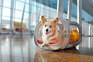 Happy Corgi calmly seated in dog carrier at airport. Vacation travel anticipation. Sunny day, bustling terminal, air transport of