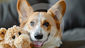 Happy corgi dog adorably brings its cherished plush toy to play with its loving owner photo