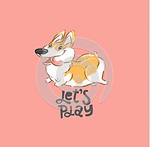 Happy Corgi Dog Character Run Vector Illustration. Funny Small Puppy Animal Play Open Mouth Show Tongue Typography Print