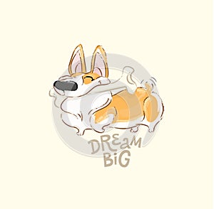 Happy Corgi Dog Play Bone Vector Poster. Funny Little Puppy Animal Dream Big Concept Typography Print Poster Design. Can