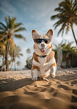 A happy Corgi dog in sunglasses runs along the sandy shore.