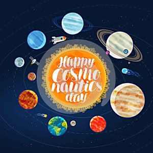 Happy cosmonautics day, banner. Outer space, cosmos, galaxy, planets and stars concept. Cartoon vector illustration