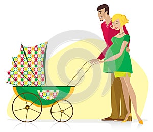 Happy Couple with Baby Stroller