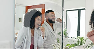 Happy couple, bathroom and brushing teeth for dental hygiene, care or morning routine together at home. Man and woman