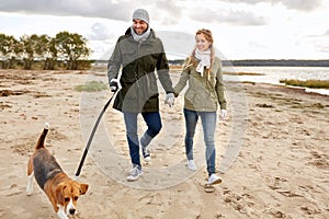 Happy couple with beagle dog on autumn beach