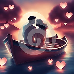 Happy couple on a boat for valentines day Generative AI
