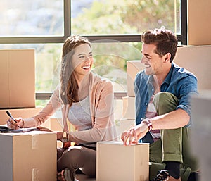 Happy, couple and box with documents in home for mortgage loan, real estate and property agreement. Man, woman and love