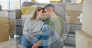 Happy couple, boxes and new home at sofa for dream house, living room or property. Man, woman and forehead embrace at