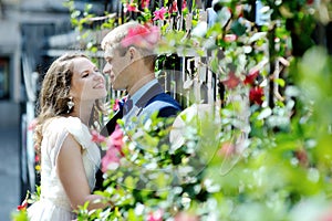 Happy couple bride and groom near flowers and plants in wedding day