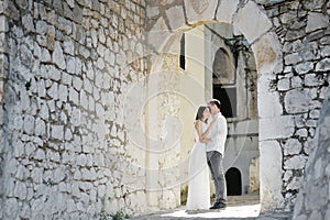 Happy couple bride and groom in wedding day in Sperlonga, Italy