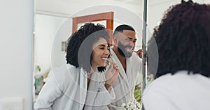 Happy couple, brushing teeth and dental hygiene for care or morning routine together in bathroom at home. Man and woman