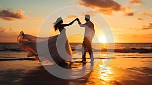 Happy couple celebrating wedding ceremony on the beach, luxurious sunset