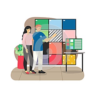 Happy couple choosing ceramic tiles in construction shop, flat vector illustration. Home improvement.