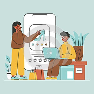 Happy couple choosing clothes online in mobile app flat illustration