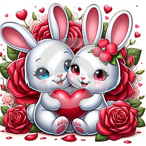 A happy couple of cute rabbit with love scene, hugging a heart, surrounded by red rose flower, rose petals, love sign, cartoon