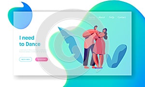 Happy Couple Dance Together Landing Page. Male and Female Lover Character Dancing Website Template. Young People