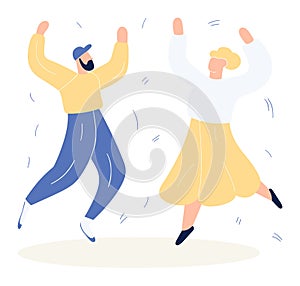 Happy couple dancing together with joy. Man in a hat and woman in a skirt celebrate. Happiness and fun concept vector