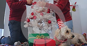 Happy couple with dog, all in Christmas clothes sitting near Christmas tree