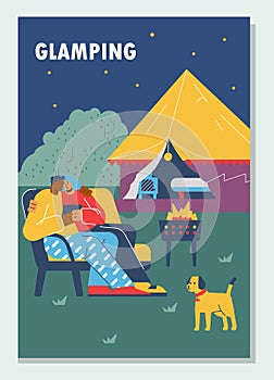 Happy couple with dog relaxing at glamping, big tent with amenities - poster template flat vector illustration.