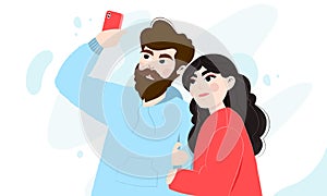 Happy couple doing a selfie. Young man and woman taking photo of themselves in their vacation travel.