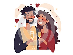 Happy couple drinking champagne on Valentine day. White background. Simple flat web graphic illustration