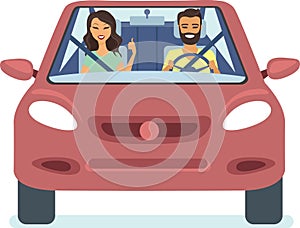 Happy couple driving car