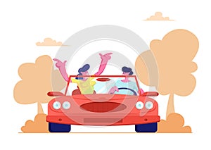 Happy Couple Driving Red Cabriolet Car on Nature Landscape Background. Young Man and Woman Traveling on Convertible Machine