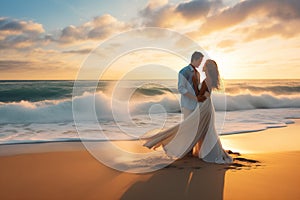 happy couple embracing on a beach at sunset by Generative Ai