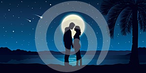 happy couple enjoy the full moon and falling stars on the beach