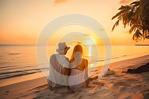 Happy couple enjoy luxury sunset on the beach during summer vacation. Generative AI