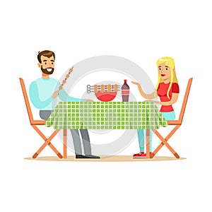 Happy couple enjoying barbeque, cheerful man and woman characters at a picnic vector Illustration