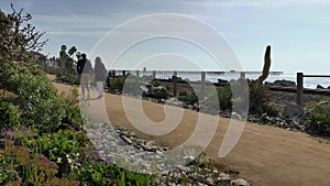 Happy Couple Enjoying Beautiful Day Walking holding hands on the Beach. Travel Vacation Retirement Lifestyle Concept