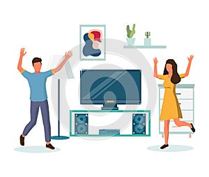 Happy couple enjoying relocation. Housewarming party celebration after moving to new home, vector illustration.