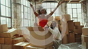The couple with moving boxes. AI generated photo