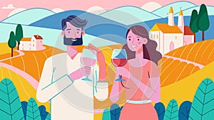 Happy Couple Enjoying Wine in Picturesque Vineyard Landscape