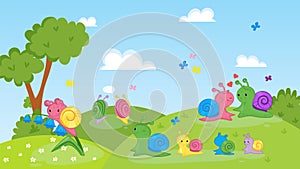 Happy couple, family of snails on nature vector illustration. Cartoon smiling adult snails with children walk on