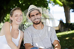 happy couple in forest