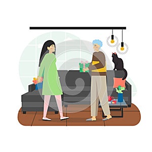 Happy couple giving holiday surprise gifts to each other, flat vector illustration.