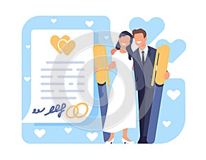 Happy couple got married and signed prenuptial agreement or prenup. Document page with signatures. Marriage registration