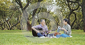 Happy couple with guitar having rest on picnic in the park on the lawn. Romance, vacation and summer concept