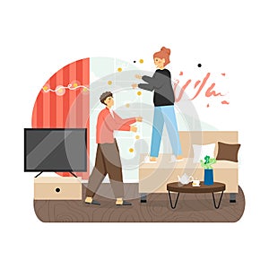 Happy couple hanging the lights on the window in hall room, flat vector illustration. Home improvement.