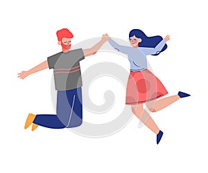 Happy Couple Happily Jumping Holding Hands, Young Man and Woman Having Fun Together Vector Illustration